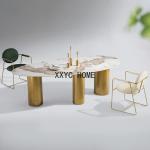 Minimal rock slab stainless steel titanium dining table and chair combination