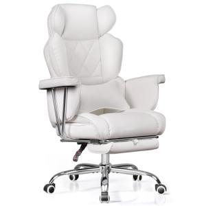 DEVAISE Executive Ergonomic Leather Home Office Chair with Footrest, Comfy Reclining Big and Tall Desk Chair with Lumbar Support, Heavy Duty, SGS Class 4 Gas Lift, White