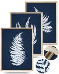 UPWOIGH Wood Framed Wall Art, Minimalist 12x16in Botanical Wall Decor, Fern Plants Framed Prints, White Leafs Tropical Plants,Blue Naval Background High-Frame Process,Bedroom,Set of 3