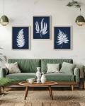UPWOIGH Wood Framed Wall Art, Minimalist 12x16in Botanical Wall Decor, Fern Plants Framed Prints, White Leafs Tropical Plants,Blue Naval Background High-Frame Process,Bedroom,Set of 3