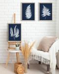 UPWOIGH Wood Framed Wall Art, Minimalist 12x16in Botanical Wall Decor, Fern Plants Framed Prints, White Leafs Tropical Plants,Blue Naval Background High-Frame Process,Bedroom,Set of 3