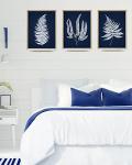UPWOIGH Wood Framed Wall Art, Minimalist 12x16in Botanical Wall Decor, Fern Plants Framed Prints, White Leafs Tropical Plants,Blue Naval Background High-Frame Process,Bedroom,Set of 3