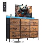 WLIVE TV Stand for 45, 50, 55 inch TV, Entertainment Center with LED Lights & Charging Station, TV Media Console Table with 9 Fabric Drawers and Open Shelves for Living Room, Hallway, Rustic Brown