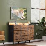 WLIVE TV Stand for 45, 50, 55 inch TV, Entertainment Center with LED Lights & Charging Station, TV Media Console Table with 9 Fabric Drawers and Open Shelves for Living Room, Hallway, Rustic Brown