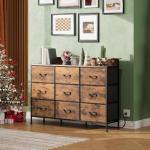 WLIVE TV Stand for 45, 50, 55 inch TV, Entertainment Center with LED Lights & Charging Station, TV Media Console Table with 9 Fabric Drawers and Open Shelves for Living Room, Hallway, Rustic Brown