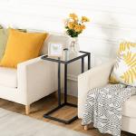 HOOBRO C Shaped End Table Set of 2, Tempered Glass Snack Side Table with Metal Frame, TV Tray Table for Small Space, Sofa Couch and Bed, Modern Style, Black BK03SFP201