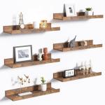 upsimples Floating Shelves for Wall, Wall Shelves for Decor Storage Set of 6, Wall Mounted Wood Shelf for Bedroom, Living Room, Bathroom, Kitchen, Picture Ledge Shelf, Brown