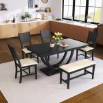 6 Piece Dining Table Set with Bench, Farmhouse Kitchen Table Set with 4 Upholstered Chairs and Bench, Solid Wood Dining