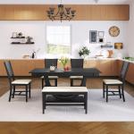 6 Piece Dining Table Set with Bench, Farmhouse Kitchen Table Set with 4 Upholstered Chairs and Bench, Solid Wood Dining