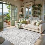 Area Rug 4x6 Grey Rug, Washable Boho Rugs Non Slip Low Pile Floral Small Carpet for Bedroom, Bedside, Kids Room, Office, Dining Room(Grey, 4 x 6)