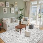 Area Rug 4x6 Grey Rug, Washable Boho Rugs Non Slip Low Pile Floral Small Carpet for Bedroom, Bedside, Kids Room, Office, Dining Room(Grey, 4 x 6)