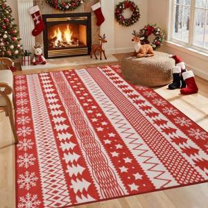 purojbkk Christmas Area Rug 8x10 - Washable Non-Slip Low Pile Holiday Rug with Snowflake - Soft Indoor Carpet for Living Room, Bedroom, Dining Room, Office（Red）