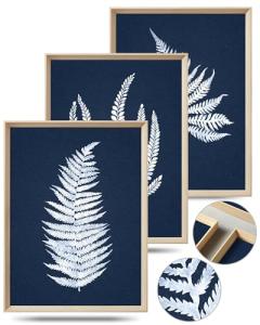 UPWOIGH Wood Framed Wall Art, Minimalist 12x16in Botanical Wall Decor, Fern Plants Framed Prints, White Leafs Tropical Plants,Blue Naval Background High-Frame Process,Bedroom,Set of 3