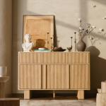 GEGOFORU 47" Sideboard Cabinet with 3 Drawers & 3 Doors, Modern Buffet with 2 Reinforced Legs for Kitchen/Living Room, Light Oak