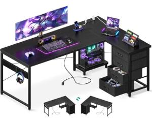 AODK L Shaped Gaming Desk with 4 Drawers, 61" Reversible Home Office Desks with Power Outlets, L Shaped Computer Desk with USB Charging Port and Host Stand, Corner Desk, Easy to Assemble, Black