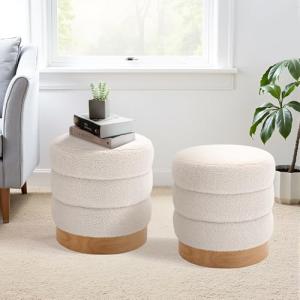 COLAMY Sherpa Ottoman Footstool, Tufted Modern Foot Rest Stool with Wood Base for Living Room, Bedroom, Desk, Round Versatile Side End Table, Pouf, Makeup Seat,2pcs,Cream