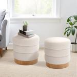 COLAMY Sherpa Ottoman Footstool, Tufted Modern Foot Rest Stool with Wood Base for Living Room, Bedroom, Desk, Round Versatile Side End Table, Pouf, Makeup Seat,2pcs,Cream