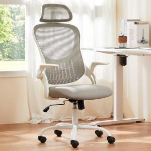 Sweetcrispy High-Back Mesh Home Office Chair with Adjustable Headrest and Lumbar Support, Flip-up Armrest Ergonomic Rolling Work Chair for Study, and Bedroom, Grey