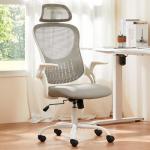 Sweetcrispy High-Back Mesh Home Office Chair with Adjustable Headrest and Lumbar Support, Flip-up Armrest Ergonomic Rolling Work Chair for Study, and Bedroom, Grey
