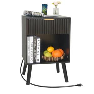Fultyle Fluted Black Nightstand with Charging Station, Mid Century Modern Bedside Table with Drawers and Outlet,Side Tables Living Room, Wooden Night Stand for Bedroom, Office (Black)
