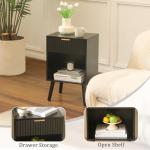 Fultyle Fluted Black Nightstand with Charging Station, Mid Century Modern Bedside Table with Drawers and Outlet,Side Tables Living Room, Wooden Night Stand for Bedroom, Office (Black)