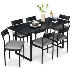 Best Choice Products 7-Piece Modern Dining Room Set, Kitchen Table Set, Dining Table w/ 6 Chairs, Upholstered Cushions, Solid Metal Frame, Curved Backrest - Black/Gray
