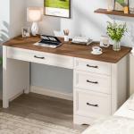Vabches Farmhouse Executive Desk with Storage and Ample File Drawer, Rustic Large Home Writing Desk for Bedroom, White