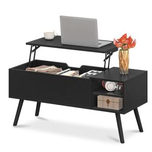 ALINE FURNITURE Black Lift Top Coffee Table with Hidden Storage Compartment, Solid Wood Legs & Open Shelves - 40" Pop Up Coffee Tables for Living Room