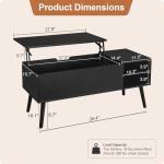 ALINE FURNITURE Black Lift Top Coffee Table with Hidden Storage Compartment, Solid Wood Legs & Open Shelves - 40" Pop Up Coffee Tables for Living Room