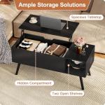 ALINE FURNITURE Black Lift Top Coffee Table with Hidden Storage Compartment, Solid Wood Legs & Open Shelves - 40" Pop Up Coffee Tables for Living Room