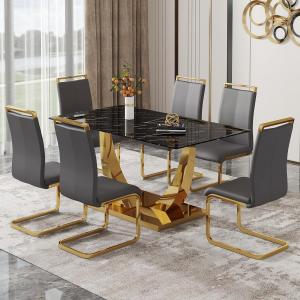 63” Dining Room Table Set for 6,Modern Gold Dining Table Set for 6, Rectangle kitchen Table Set With PU Leather Chairs,Black