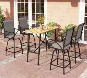 5PCS Dining Set, Outdoor Bar Set Height Top Patio Table and Chairs Set w/ Patio Swivel Bar Stools &41" Wood-like Steel Bar Table