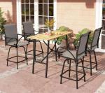 5PCS Dining Set, Outdoor Bar Set Height Top Patio Table and Chairs Set w/ Patio Swivel Bar Stools &41" Wood-like Steel Bar Table