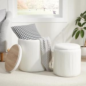 Round Ottoman with Storage Set of 2,Vanity Stool with Storage for Bedroom, Ottoman Coffee Table,Small Velvet Foot Stool for Living Room, White