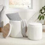 Round Ottoman with Storage Set of 2,Vanity Stool with Storage for Bedroom, Ottoman Coffee Table,Small Velvet Foot Stool for Living Room, White