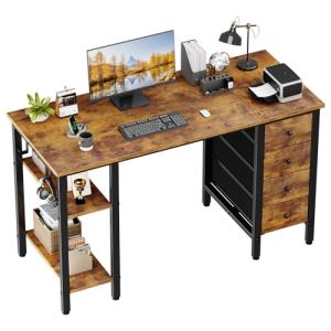 Lufeiya 47 inch Desk with 4 Drawers & Storage Shelves, Writing Work Study Computer Desk for Home Office Bedroom, Modern Simple Student PC Desks Table, Rustic Brown