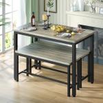 Tatub Dining Table Set for 4, 3-Piece Kitchen Table with 2 Benches, Space-Saving Dining Room Set for Breakfast Nook and Small Spaces, Grey