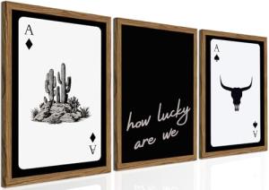 Western Wall Art Set of 3, Southwestern Cowboy Playing Card Wall Decor, Longhorn Bull Skull and How Lucky are We Poster Canvas Painting Prints for Bedroom Living Room 12x16 inch Wood Framed