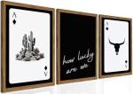 Western Wall Art Set of 3, Southwestern Cowboy Playing Card Wall Decor, Longhorn Bull Skull and How Lucky are We Poster Canvas Painting Prints for Bedroom Living Room 12x16 inch Wood Framed
