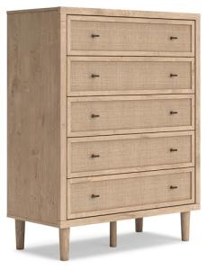 Signature Design by Ashley Cielden Coastal 5-Drawer Chest of Drawers with Safety Stop and Textured Cane Details, Light Brown