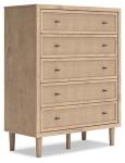 Signature Design by Ashley Cielden Coastal 5-Drawer Chest of Drawers with Safety Stop and Textured Cane Details, Light Brown