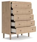 Signature Design by Ashley Cielden Coastal 5-Drawer Chest of Drawers with Safety Stop and Textured Cane Details, Light Brown