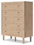 Signature Design by Ashley Cielden Coastal 5-Drawer Chest of Drawers with Safety Stop and Textured Cane Details, Light Brown