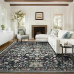 Area Rugs 8x10, Washable Floral Rug Non Slip Large Living Room Rug Vintage Distressed Soft Carpet for Bedroom, Dinning Room, Home Office