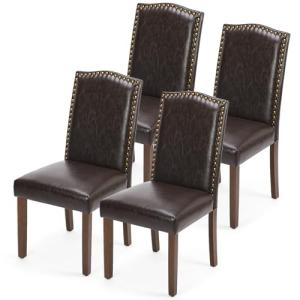 MCQ Upholstered Dining Chairs Set of 4, Modern Upholstered Leather Dining Room Chair with Nailhead Trim and Wood Legs, Mid-Century Accent Dinner Chair for Living Room, Kitchen, Dark Brown