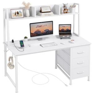 White Computer Desk with Hutch & Drawers - Office Desk with 3 Storage Drawers and Power Outlets, 47 Inch Modern Study Writing Desk for Bedroom Home Office