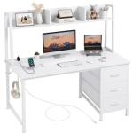 White Computer Desk with Hutch & Drawers - Office Desk with 3 Storage Drawers and Power Outlets, 47 Inch Modern Study Writing Desk for Bedroom Home Office