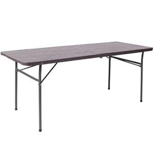 Flash Furniture Elijah 6-Foot Bi-Fold Brown Wood Grain Plastic Folding Table with Carrying Handle