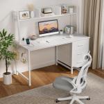 White Computer Desk with Hutch & Drawers - Office Desk with 3 Storage Drawers and Power Outlets, 47 Inch Modern Study Writing Desk for Bedroom Home Office