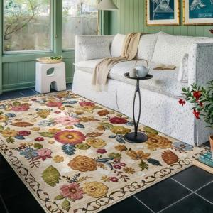 GERUIMO 4x6 Washable Area Rug for Living Room, Beige Vintage Boho Floral, Large Non-Slip Low Pile Soft Faux Wool Carpet, Kids and Pets Friendly for Bedroom, Dining Room, Farmhouse, Home Decor Rug